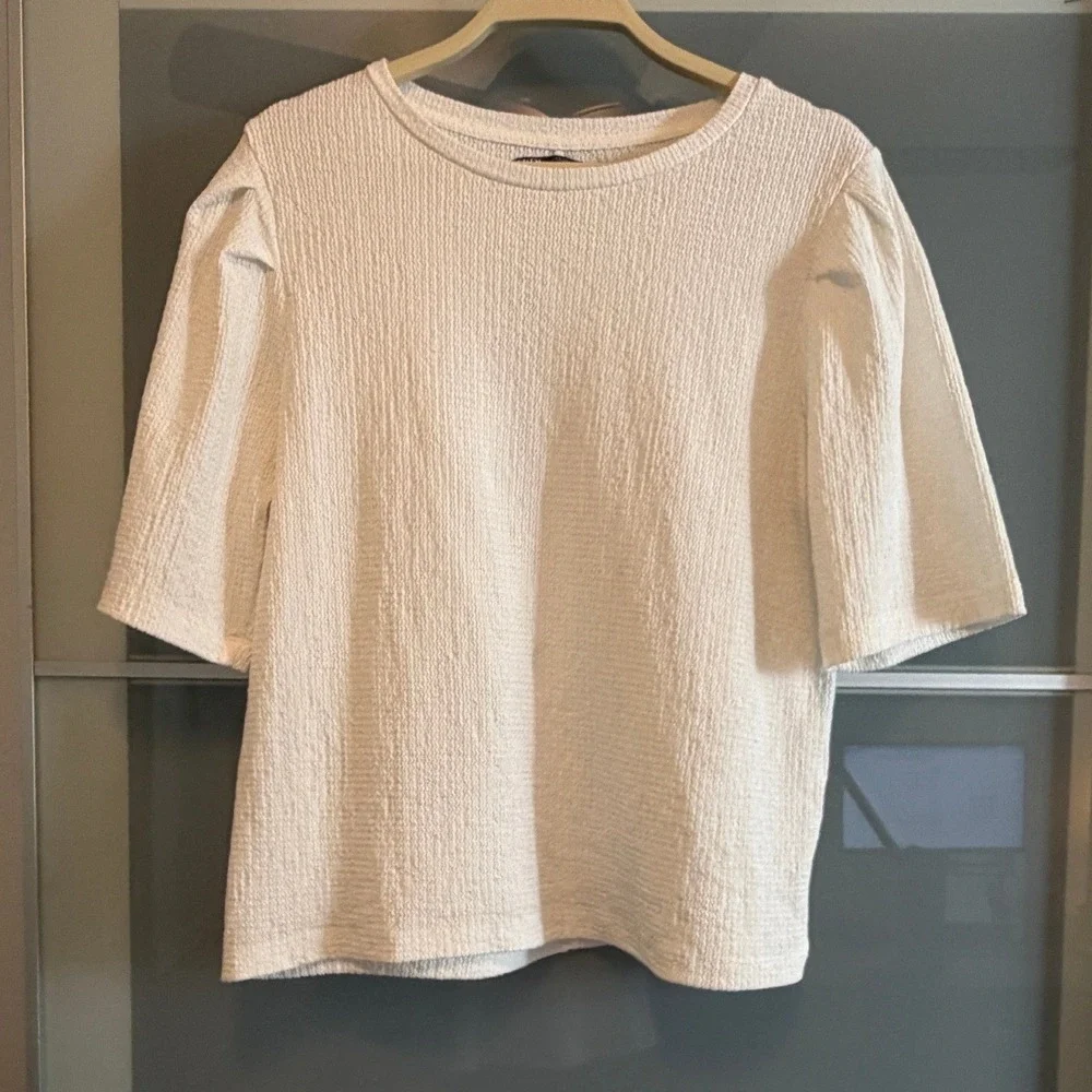 Zara Textured Knit‎ Puff Sleeve Top Cream Off White Short Sleeve Blouse Large